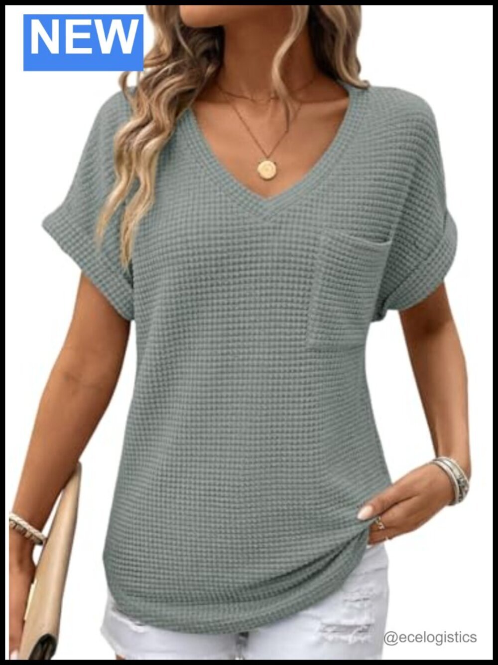 Waffle Knit Short Sleeve V Neck Tunic Top Loose Fit Blouse